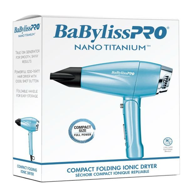 Compact folding ionic and nano-titanium hairdryer