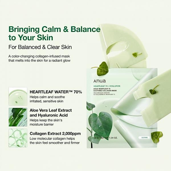 Heartleaf - 70 Soothing Collagen Mask - 4 units