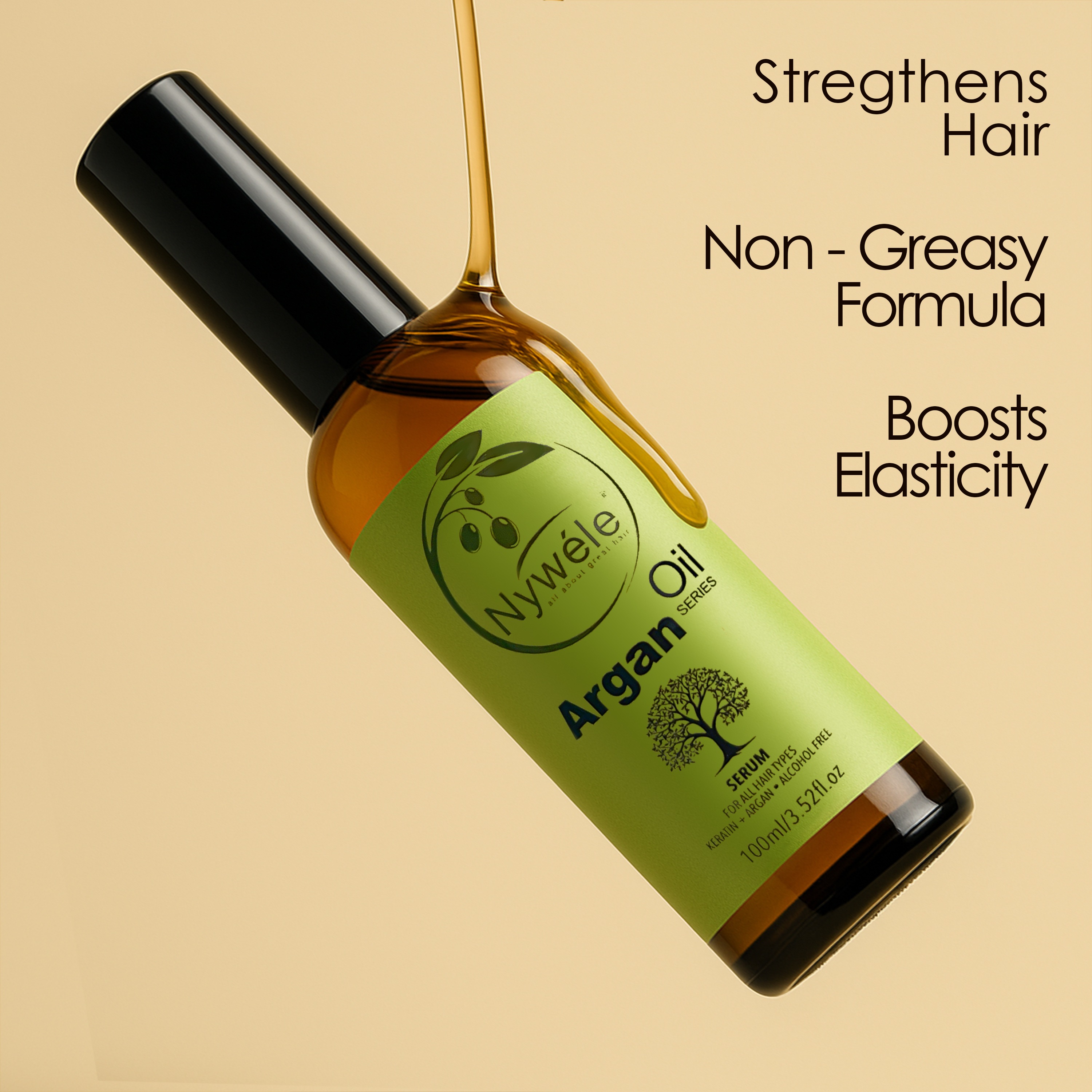 Nywele Argan Oil Hair Serum – Anti-Frizz & Shine Serum with Keratin – Alcohol-Free Leave-In Treatment for Dry, Damaged & Frizzy Hair – Nourishing Hair Repair Serum for All Hair Types – 100ml