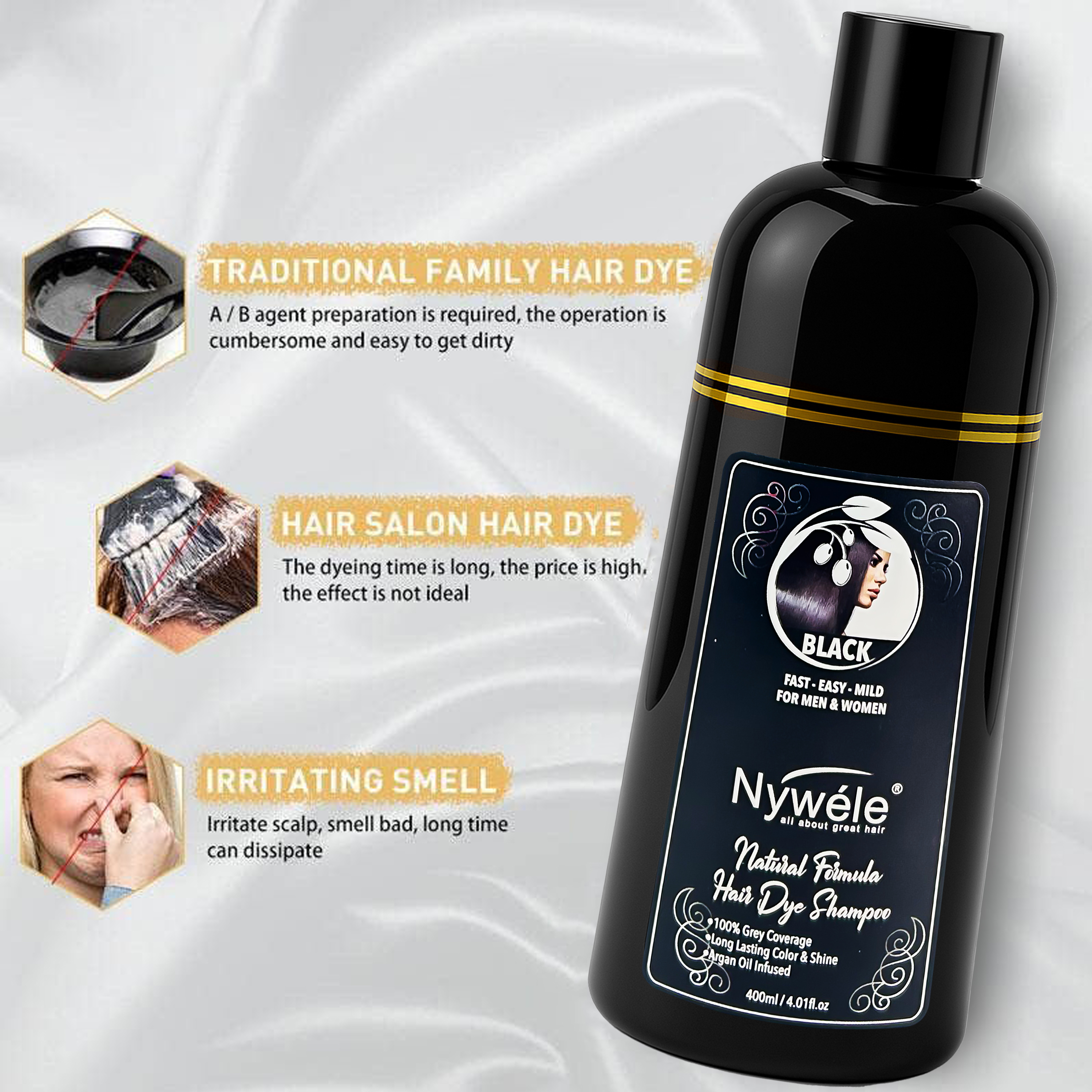 Nywele Hair Color Shampoo 3-in-1 | Instant Hair Dye Shampoo for Gray Coverage – For Men & Women