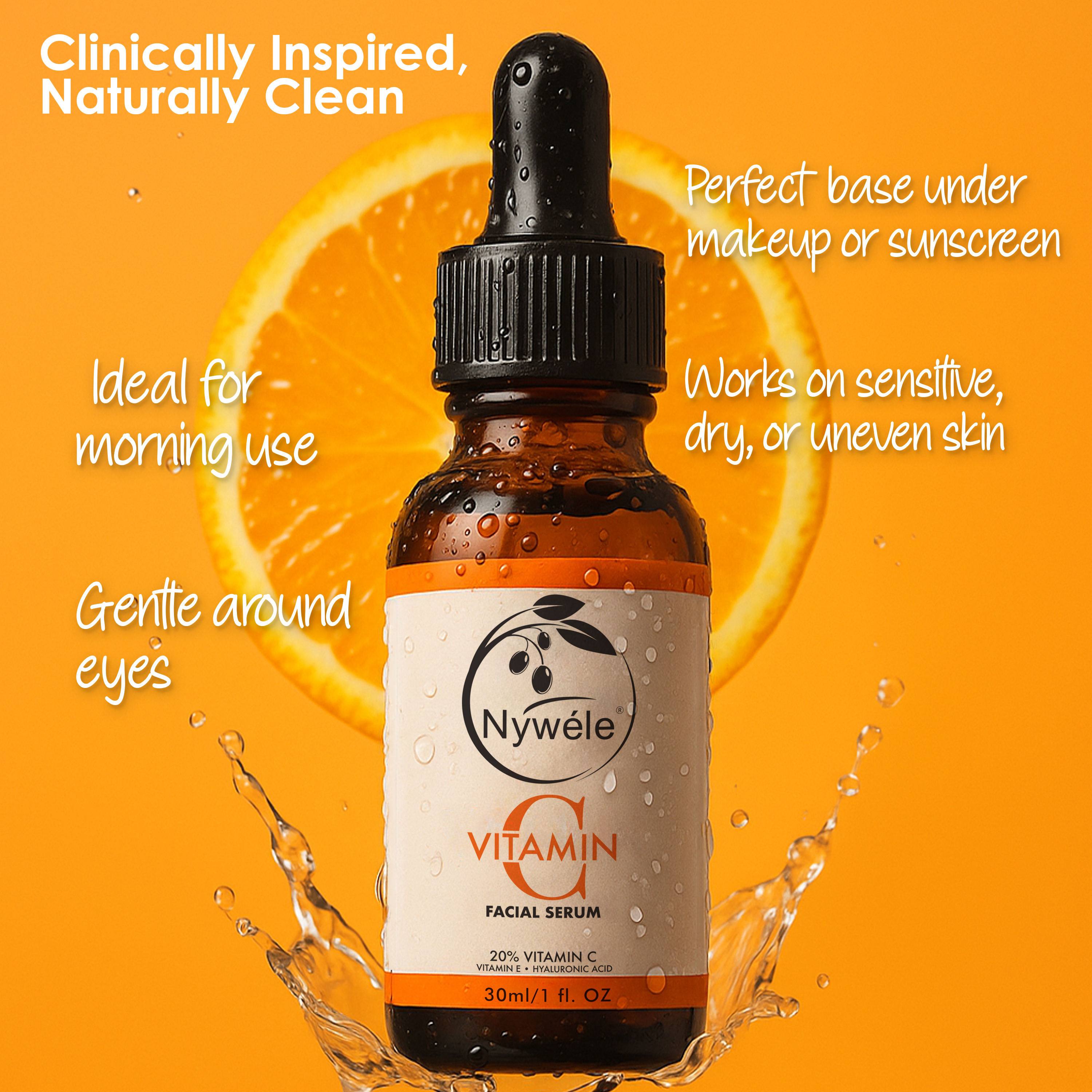 Nywele Vitamin C Serum for Face – 20% Vitamin C + Hyaluronic Acid & Vitamin E – Anti-Aging, Brightening & Hydrating Facial Serum – Dark Spot Remover & Wrinkle Reducer – 30ml