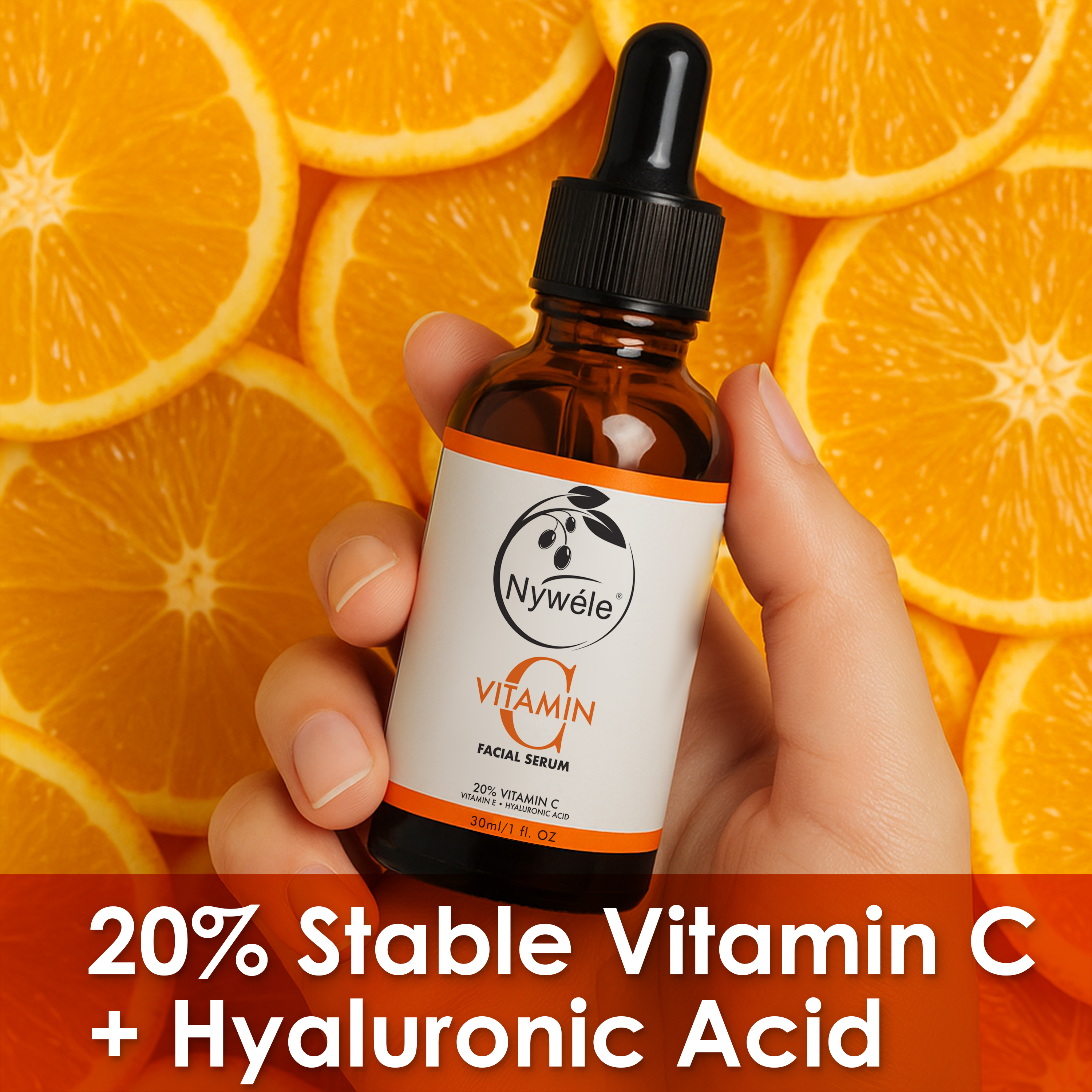 Nywele Vitamin C Serum for Face – 20% Vitamin C + Hyaluronic Acid & Vitamin E – Anti-Aging, Brightening & Hydrating Facial Serum – Dark Spot Remover & Wrinkle Reducer – 30ml